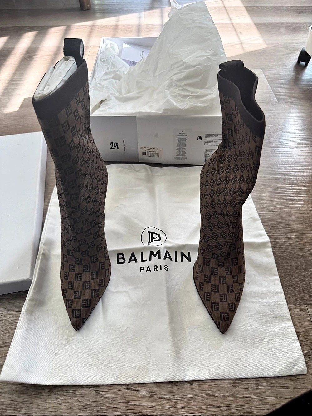 Balmain Roni Monogram Jacquard Ankle Boots Pointed-Toe Heels Brown & Gold EU 39